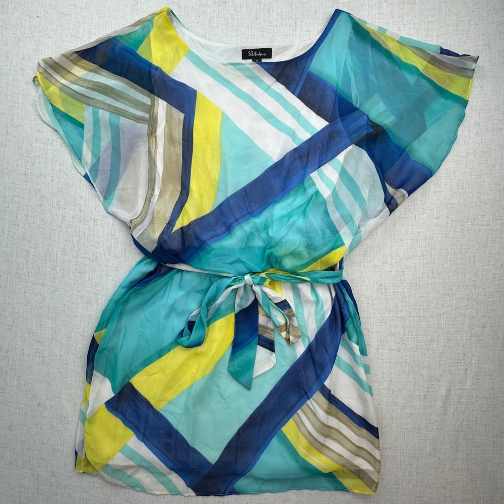 S.L. Fashions Abstract Chiffon Dress Womens 18 Blue Teal Yellow Flutter Sleeve